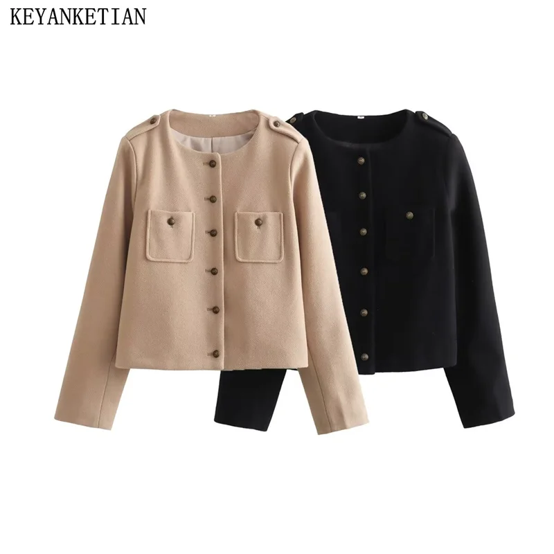 

KEYANKETIAN 2024 New Launch Women's Short Wool Coat Spring Stylish epaulette Decoration Single Breasted Leisure Outerwear Top