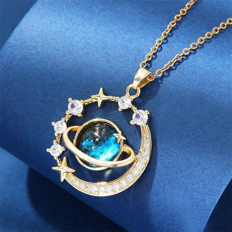 Exquisite Blue Starry Sky Planet Pendant Necklace Light Luxury Zircon Stars And Moon Clavicle Chain Necklace Jewelry Gift  ﻿