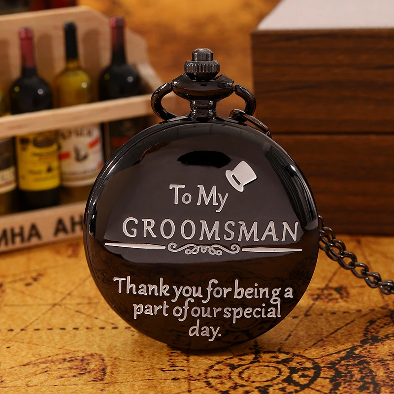 นาฬิกาพกสีดำสุดหรูสำหรับเพื่อนเจ้าบ่าวสามีของฉันนาฬิกาควอตซ์ย้อนยุคแกะสลักจี้นาฬิกาพกแบบย้อนยุค