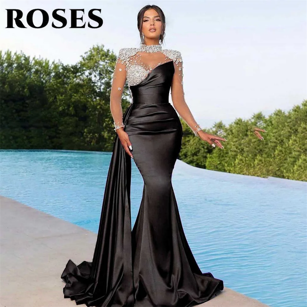 ROSES-vestido de noche púrpura para mujer, traje de fiesta de sirena alta con pliegues de satén, manga Regular