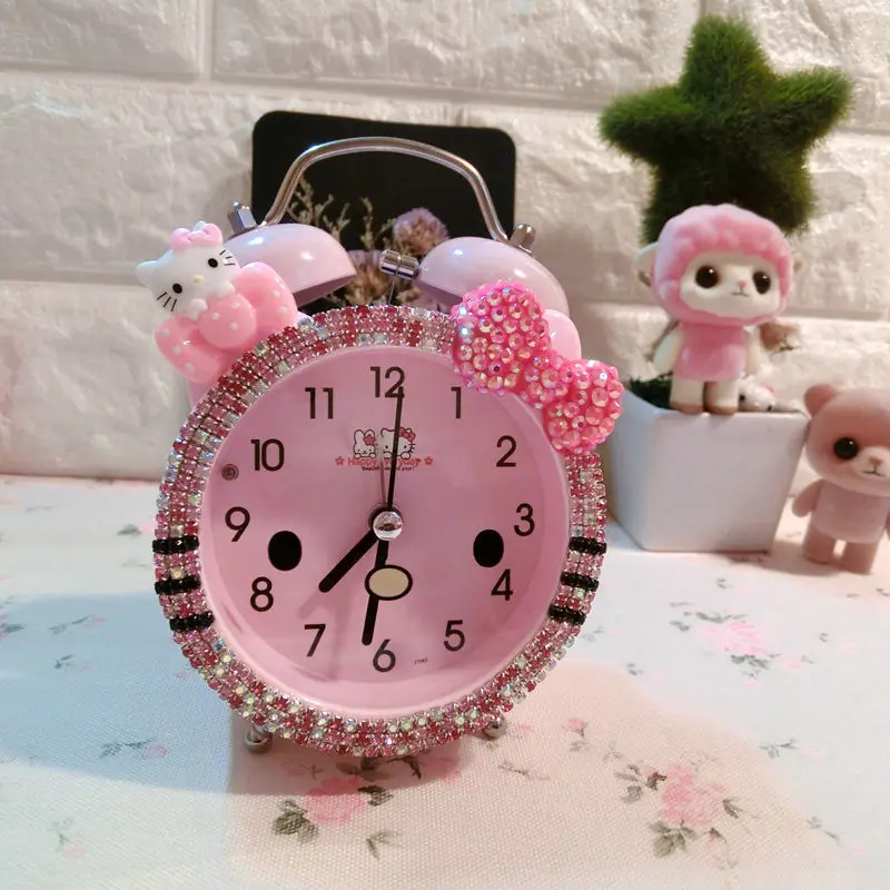 Sanrio Hello Kitty Cartoon Night Light Stick Drill Alarm Clock Mute Simple Student Wake-up Bell Anime Clock Bedside Ornament