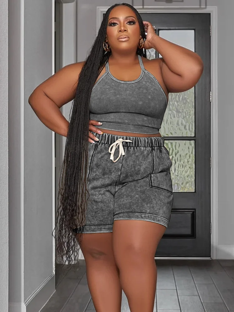 Plus Size donna tuta L-4XL estate Cami Tank Crop Top coulisse Bikers Shorts due pezzi Set abbigliamento sportivo Casual 2023