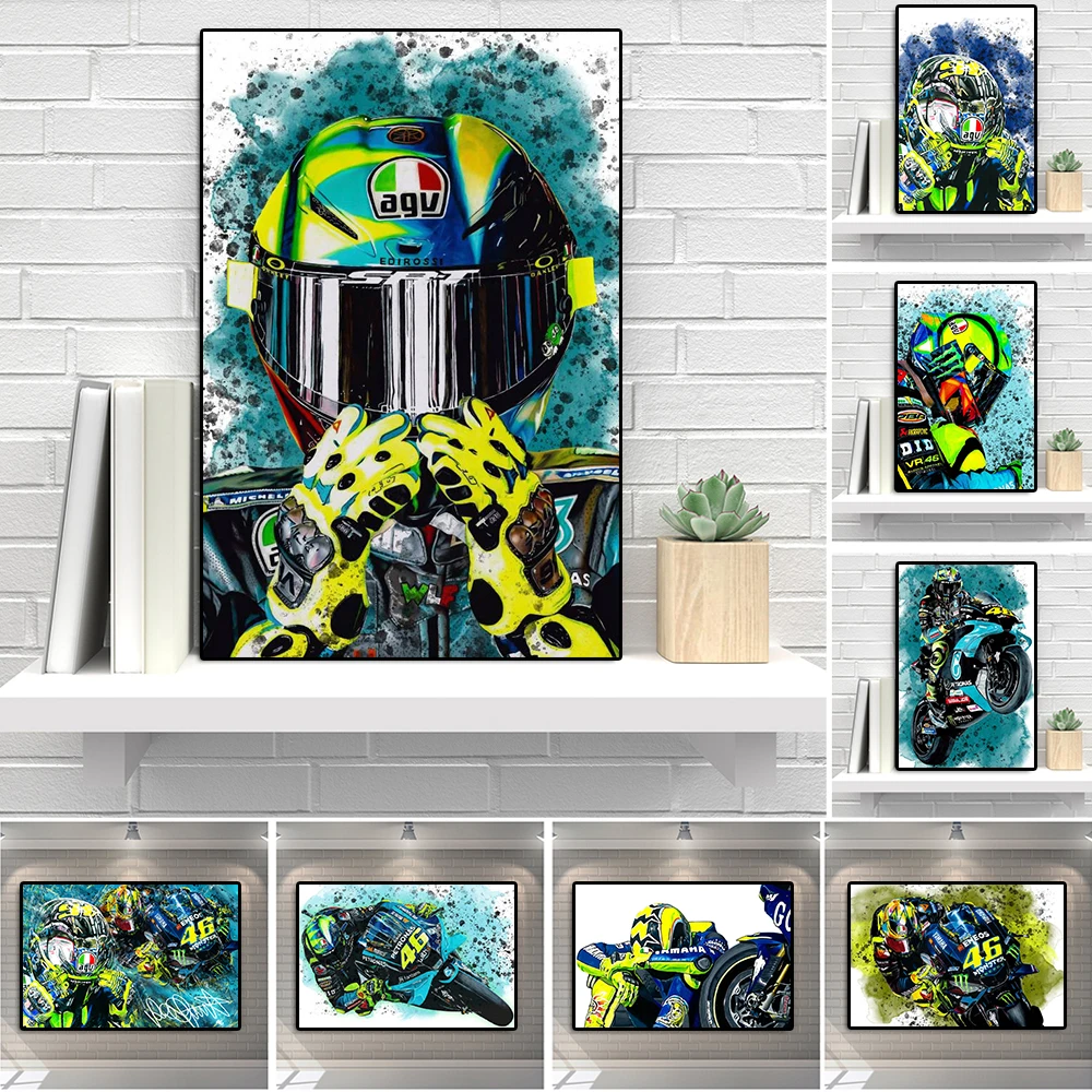 

Motorcycle Grand Prix Champion Rossi Graffiti Canvas Painting Racer Portrait Watercolor Poster Motorbike Wall Art Room Decor