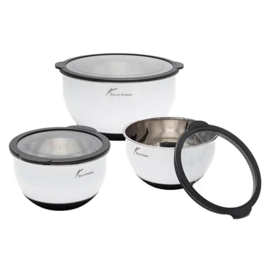 

Tinlon Steel Mixing Bowls Set with Airtight Lids Enamel Stainless Salad Bowls for Kitchen Space Saving Storage Great for Cookin