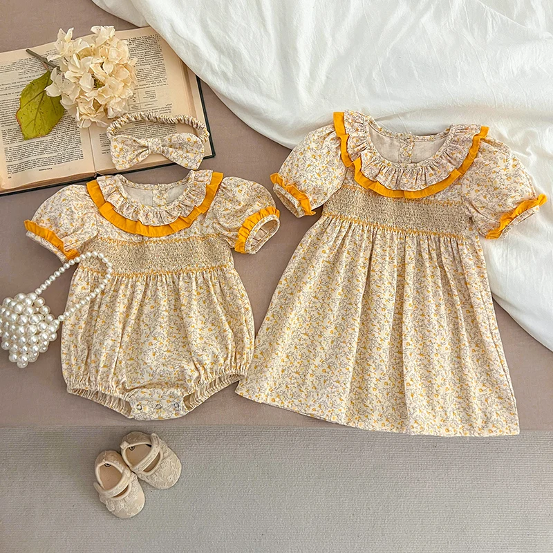 

2024 New Summer Sisters Clothes Kids Party Dress Girls Princess Dress Short Sleeved Cotton Print Toddler Baby Bodysuits