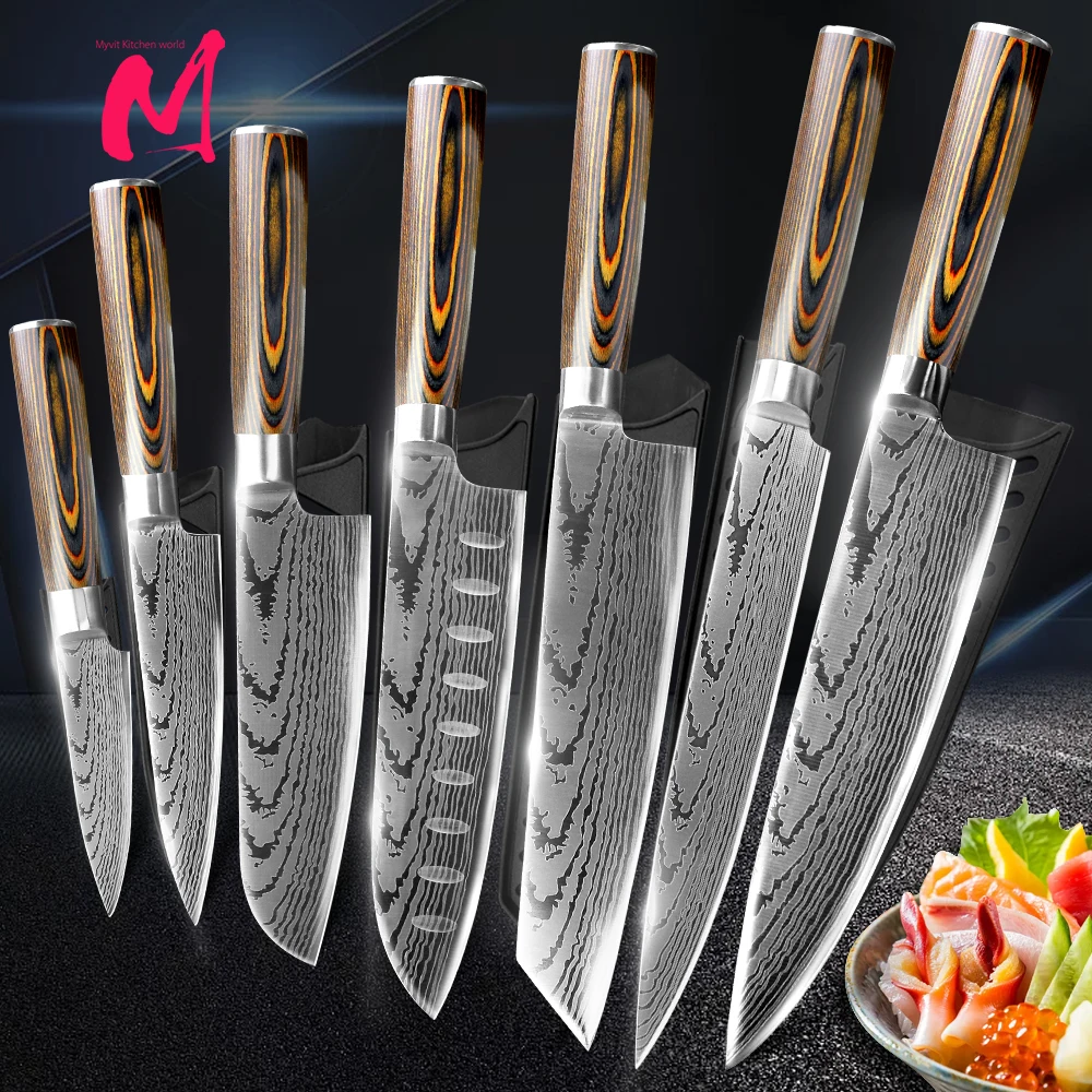 Kitchen Knife Set Chef Knives Japanese 7CR17 440C High Carbon Stainless Steel Imitation Damascus Sanding Laser Knife