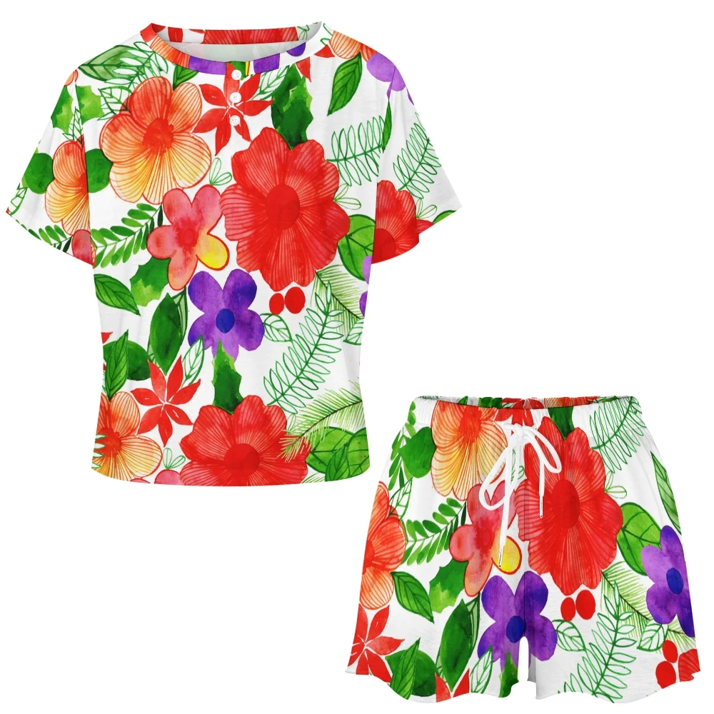 Vêtements de nuit boutonnés à manches courtes pour femmes, motif de fleurs d'hibiscus, devant boutonné, vêtements de détente, ensemble PJ, été, maison trempée, 2 pièces