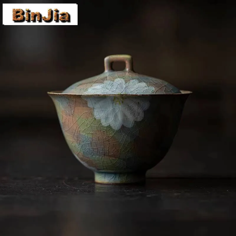 Coarse Pottery Hand-Painted Chrysanthemum Cover Bowl Handmade Anti Scald Gaiwan Retro Tea Tureen Maker Decoration Accessories