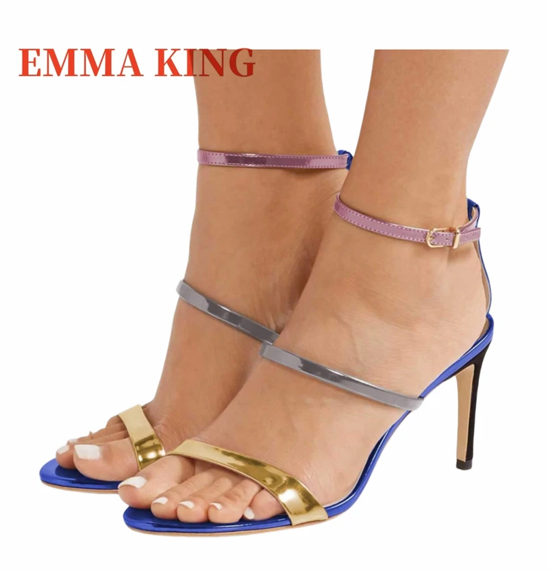 صنادل نسائية متعددة الألوان من الجلد المعدني بكعب ستيليتو مفتوحة من الأمام بحزام الكاحل أحذية رسمية لحفلات الزفاف مقاس 35-44