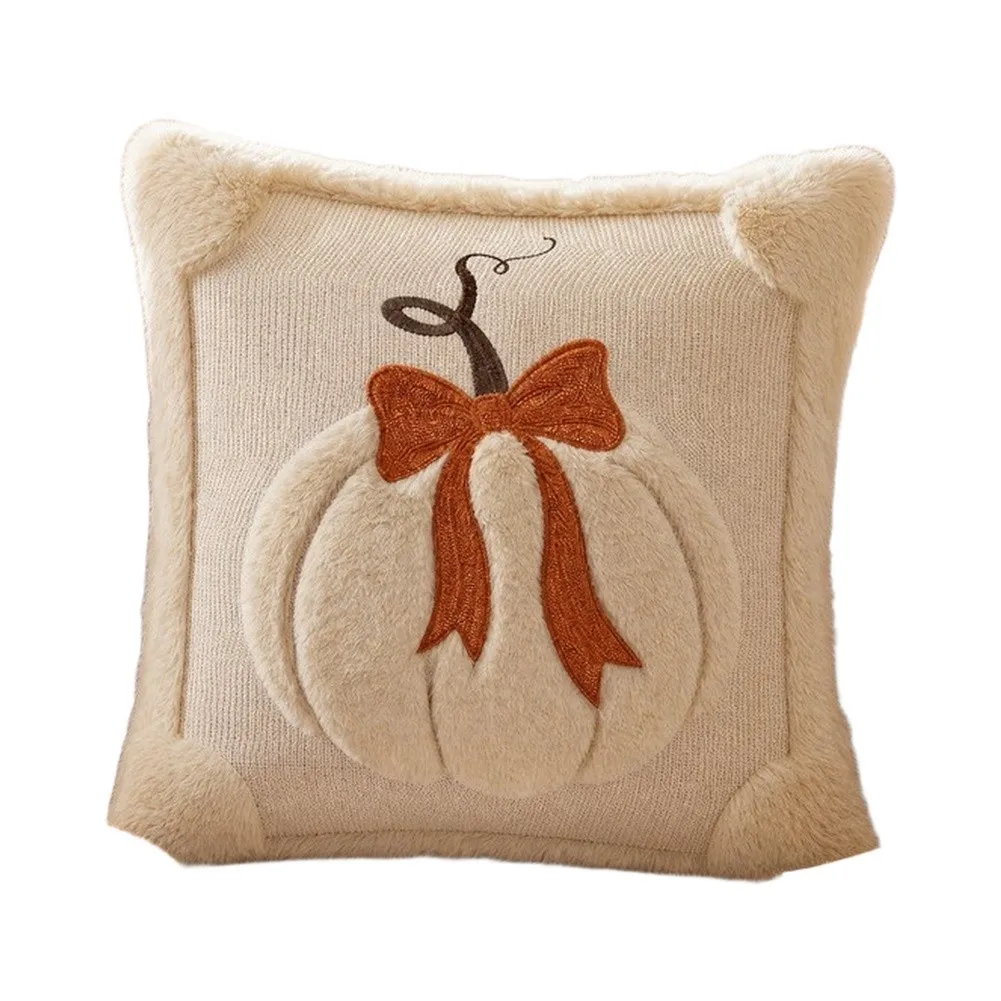 Pumpkin Bow Throw Cover 45x45cm 3D Embroidered Design Corduroy Fabric Plush Trim for Seasonal For Home Decoration