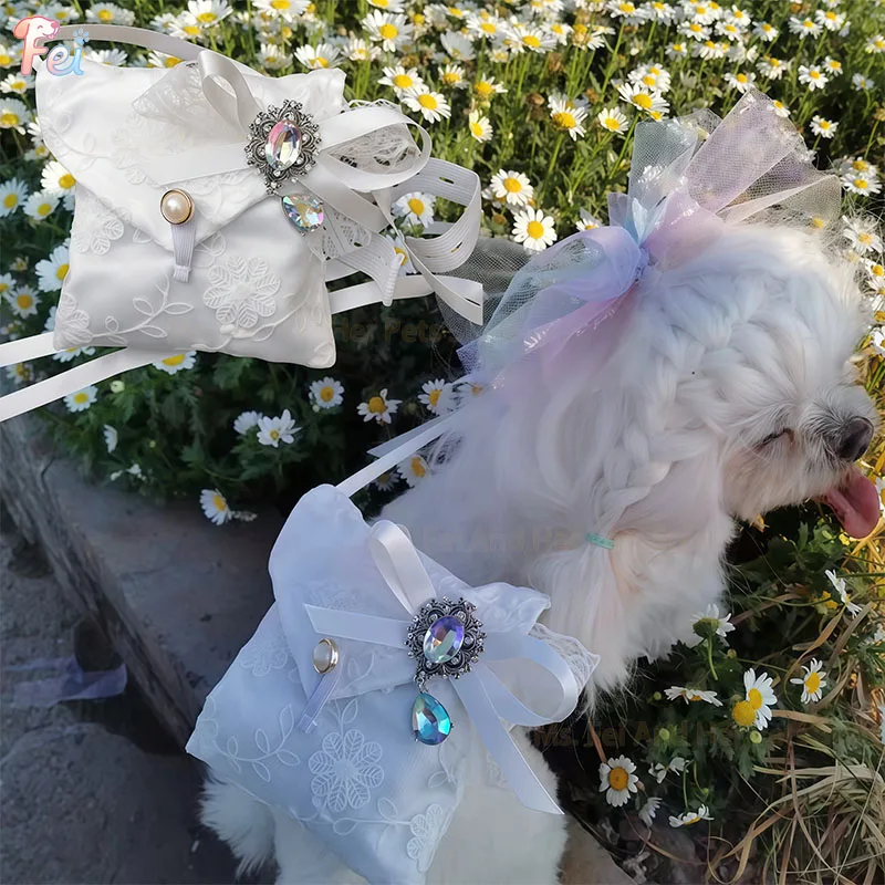 

Original Handmade White Pet Backpack Dog Cat Wedding Accessories Small Pet Snack Ring Bag Costume for Dog Cat Clothe Photo Props