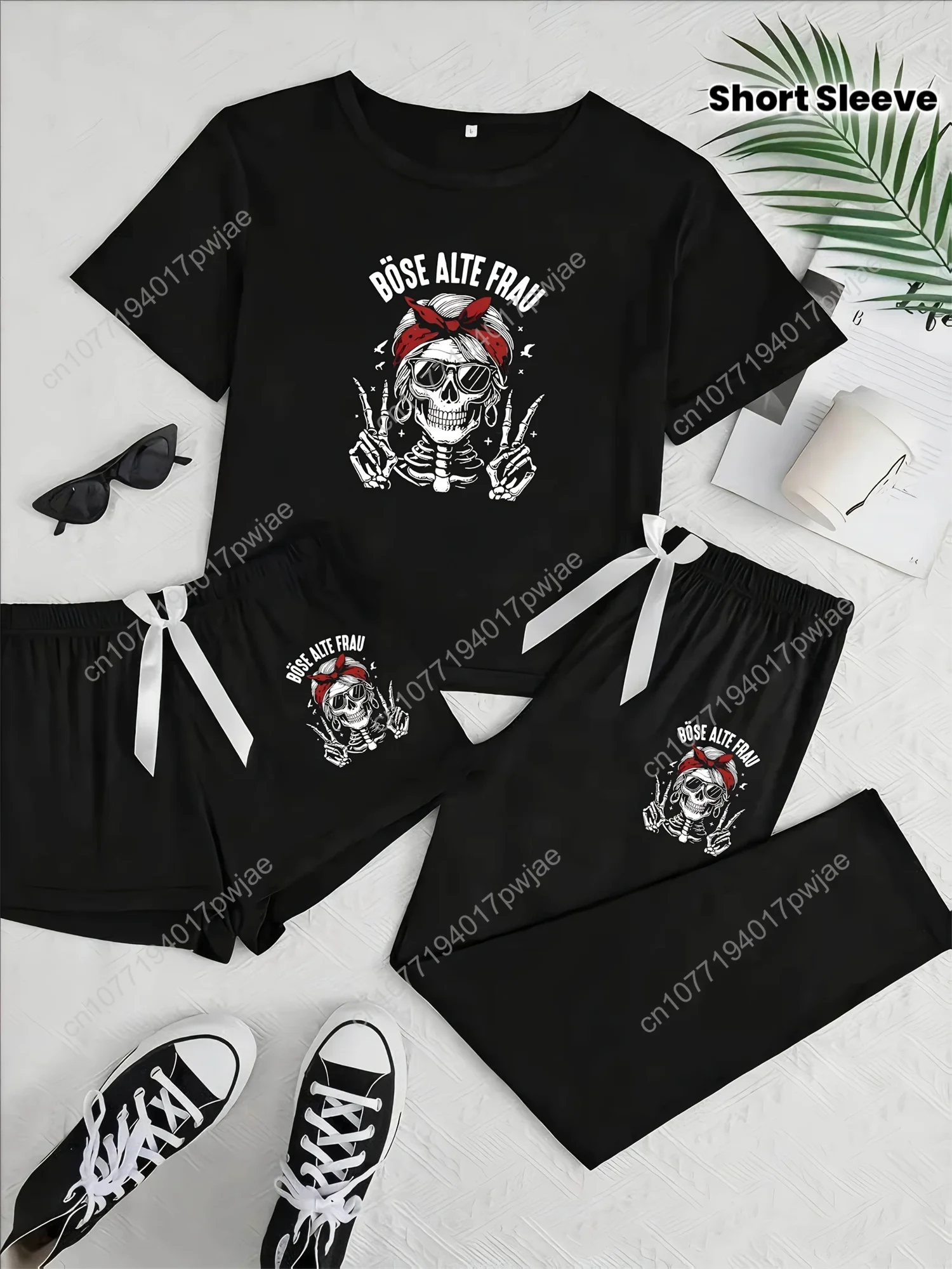 

Women's 3pcs Pajama Set with Funny Skull Print, Short Sleeve, Shorts, and Pants, Suitable for Christmas and Carnival