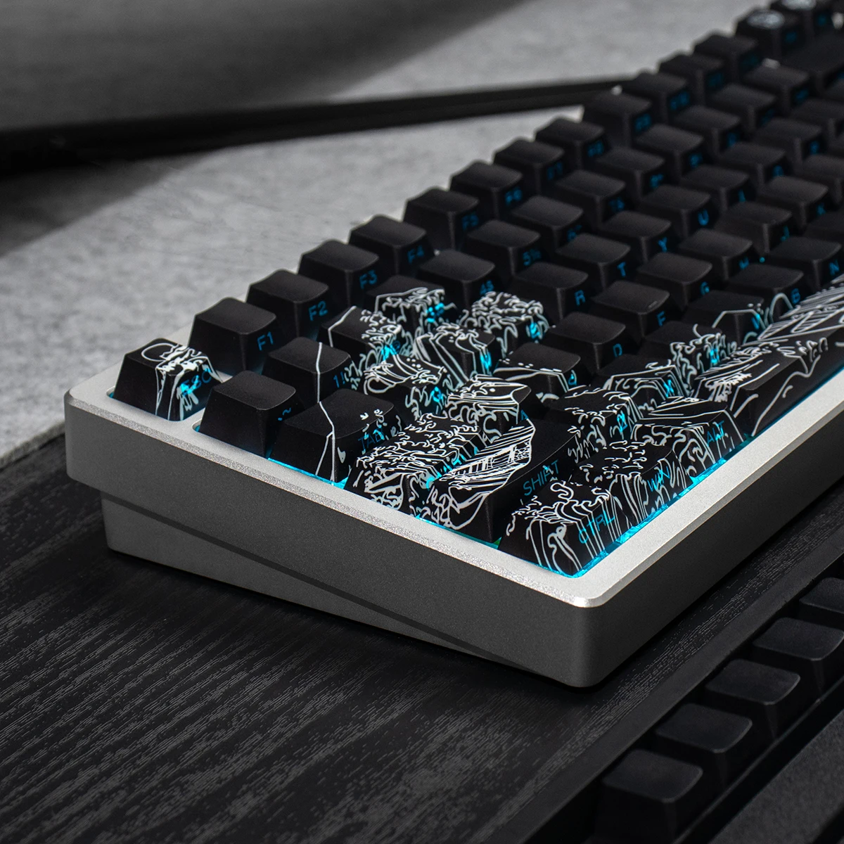 

125 Keys Dye Sub RGB Backlit Keycaps Black Great Wave Of Kanagawa Side Print PBT Keycaps Cherry Profile for MX Switches Keyboard