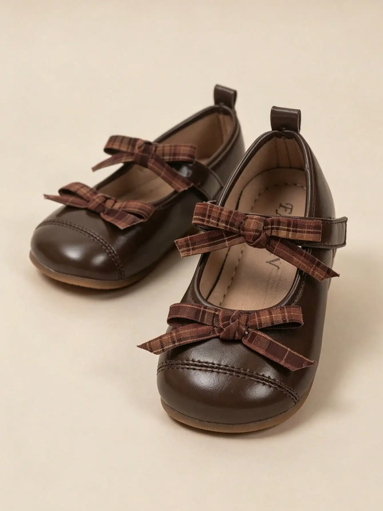 2026 Deep Brown Vintage Double-Layer Plaid Bow Mary Jane Shoes For Girls, 2-10 Years Old, Spring/Autumn New School Style Outfit Shoes, Dirt-Resistant Versatile, Easy Hook-And-Loop Closure Flat Shoes, PU Soft Leather, Comfortable Round Toe