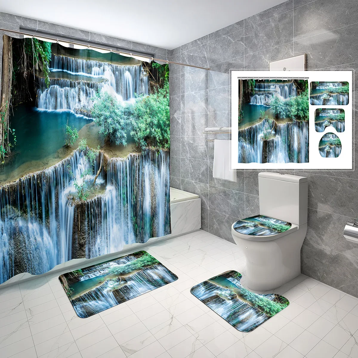 

Natural Landscape Shower Curtain Set Jungle Waterfall Green Plants 4 Pcs Shower Curtain Bathroom Non-Slip Bath Mat Toilet Cover