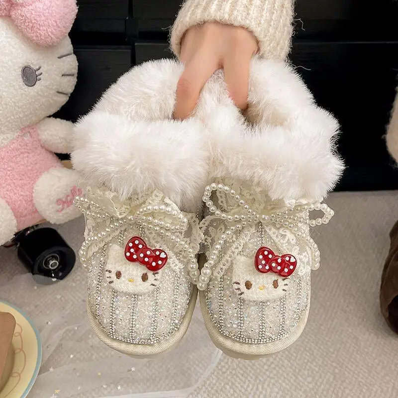 

New Sanrio Girl Hello Kitty Sequins Boots Kawaii Cartoon Cotton Shoes Student Winter Non-Slip Child Thicken Keep Warm Snow Boots