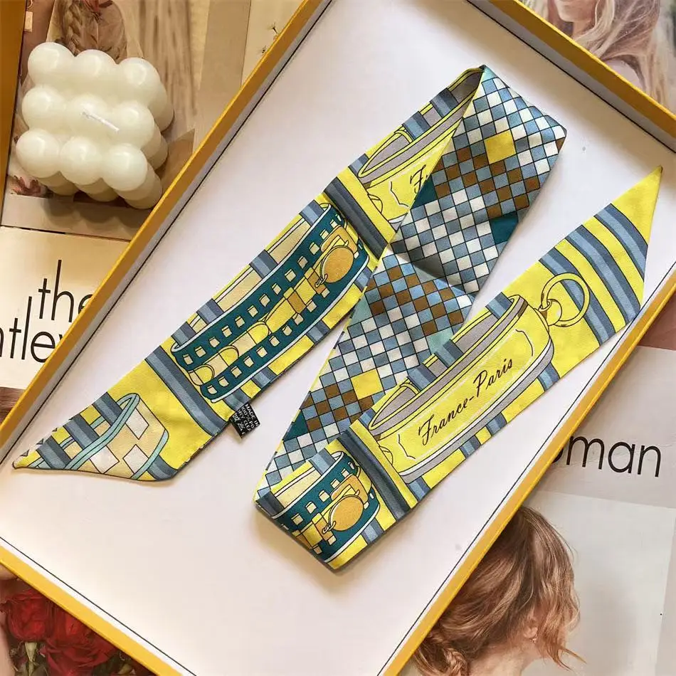 Moda francese Twill Double-sided Bicolore Piccola Sciarpa di seta Fascia da donna 2025 Nuova borsa Maniglia Nastro 5 * 90 cm
