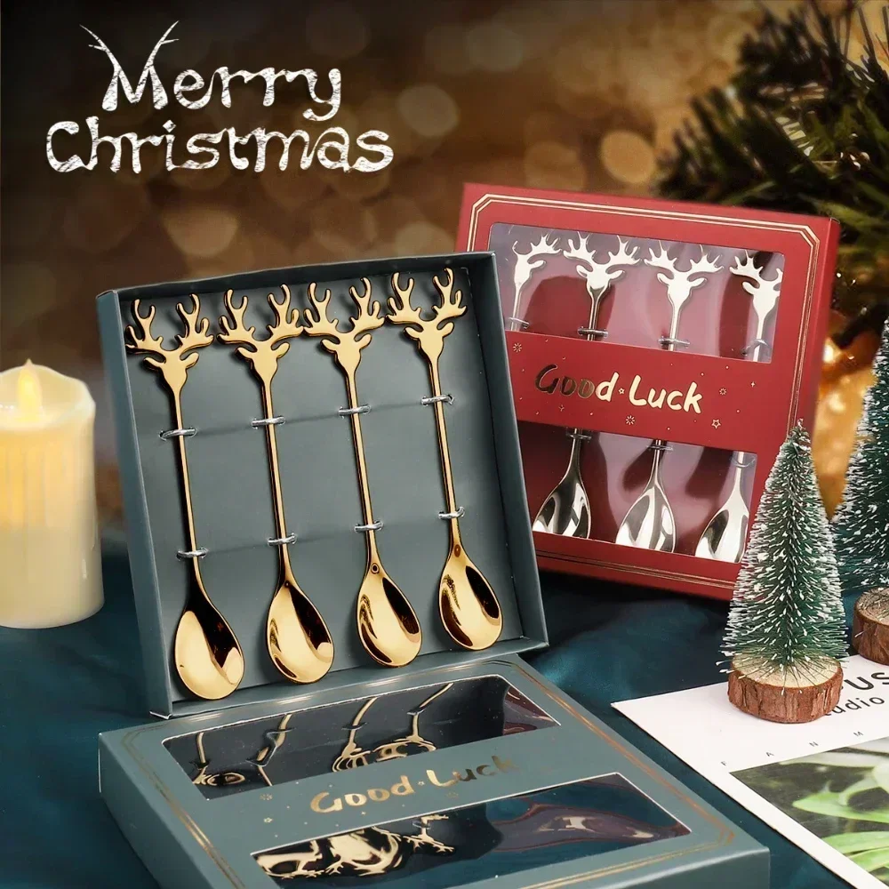 

4pcs Christmas Elk Head Shape Stainless Coffee Spoon New Year 2024 Christmas Decoration Table Decor for Home Navidad 2023 Gifts