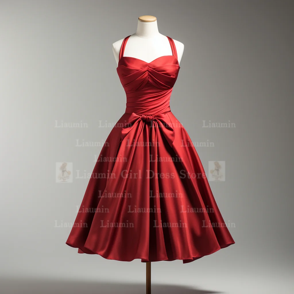 New Custom Hand Made Red Satin Strapless Short Length Lace Up Back Formal Prom Evening Dress Brithday Homecoming Clothing  W1-22