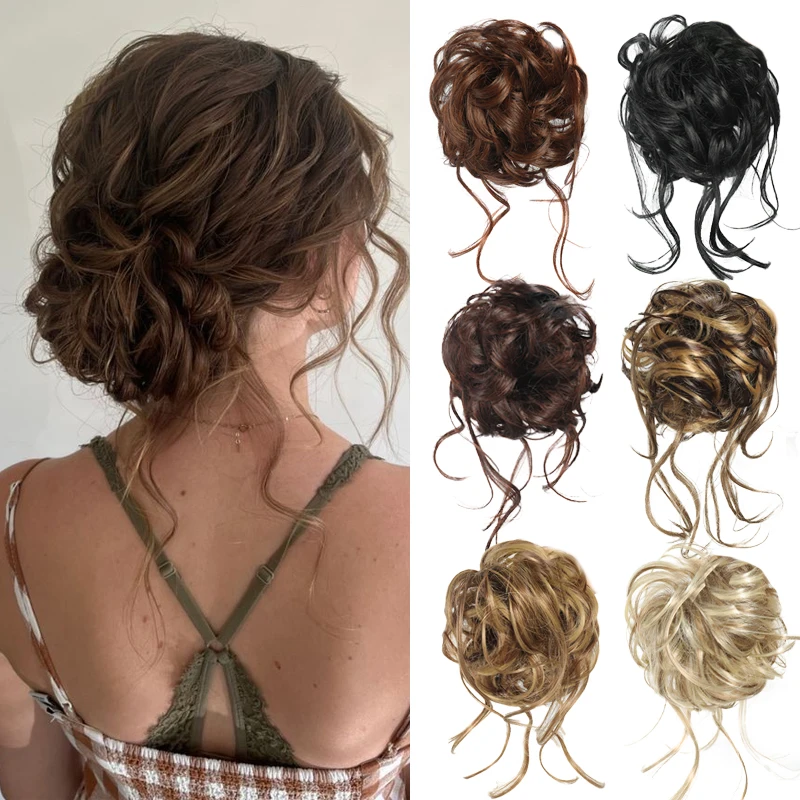 합성 헤어 번 보우 헤어 액세서리 엉킨 웨이브 가발 엘라스틱 헤어 타이 여성용 가발 모든 행사에 적합