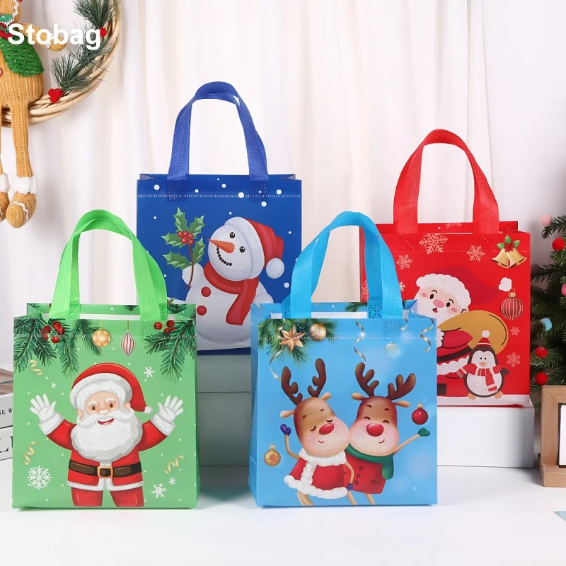 StoBag 12pcs Merry Christmas Non-woven Bags Fabric Tote Candy Gift Package Kids Waterproof Storage Reusable Pouch Party Favors