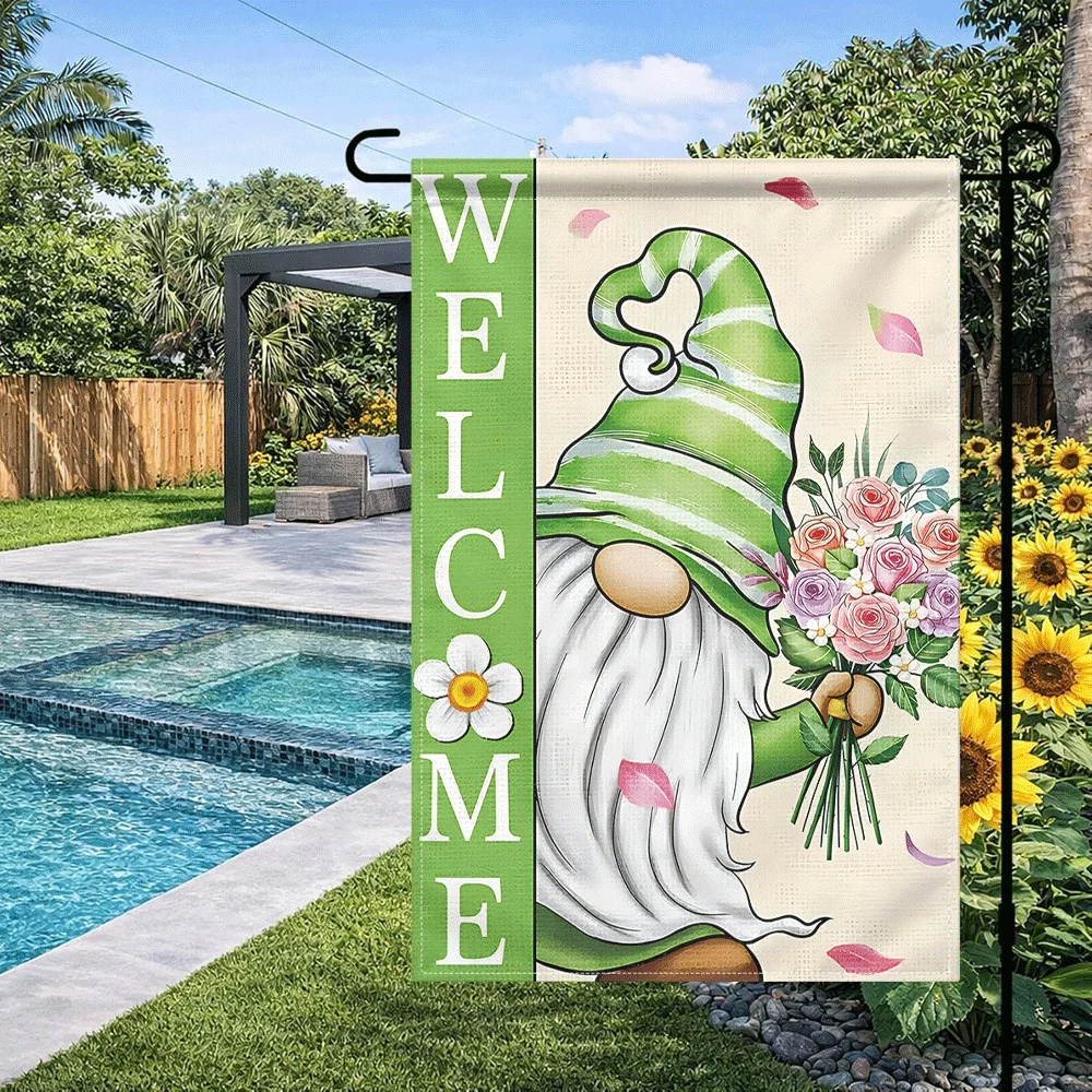 

1PC Welcome Gnome Garden Flag, Spring Floral Bouquet Print Vertical Outdoor Decorative Flag, Double Sided Weath