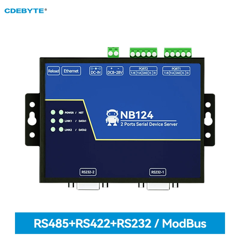 Isolated 2-Channel Serial Server RS232/422/485 RJ45 Modbus Gateway CDEBYTE NB124 TCP/UDP/MQTT AT Command Build-in Watchdog