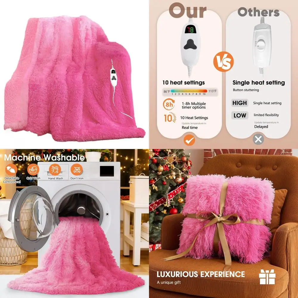 

Электрический плед из искусственного меха шерпа — 10 режимов нагрева и 5 режимов таймера, быстрый нагрев, 50x60, розово-красный