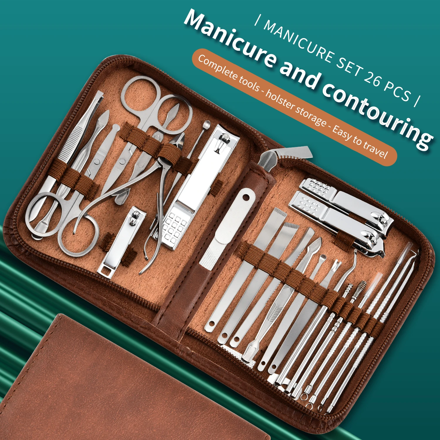 مجموعة مانيكير كاملة من الفولاذ المقاوم للصدأ ، مقصات الأظافر وأدوات العناية ، حقيبة سفر جلدية فاخرة ، Tr محمولة ، 26 ODM #4