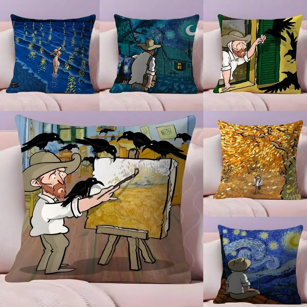Funny V-Van Gogh Cushion Cover Plush Fabric Soft Double-Sided Printed Sofa Warm Winter Home Gift Pillow Cover