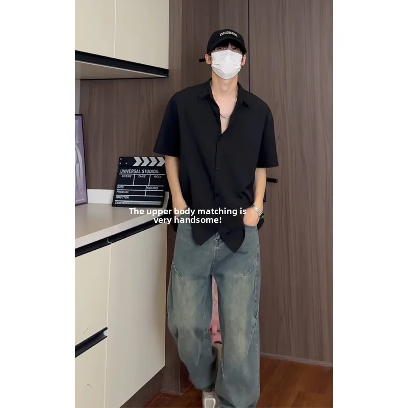 

Bla Ice Silk Men's ort Sve irt Summer Casual Loose Fit Premium Feel Five-Quarter Sve Thin Outerwear