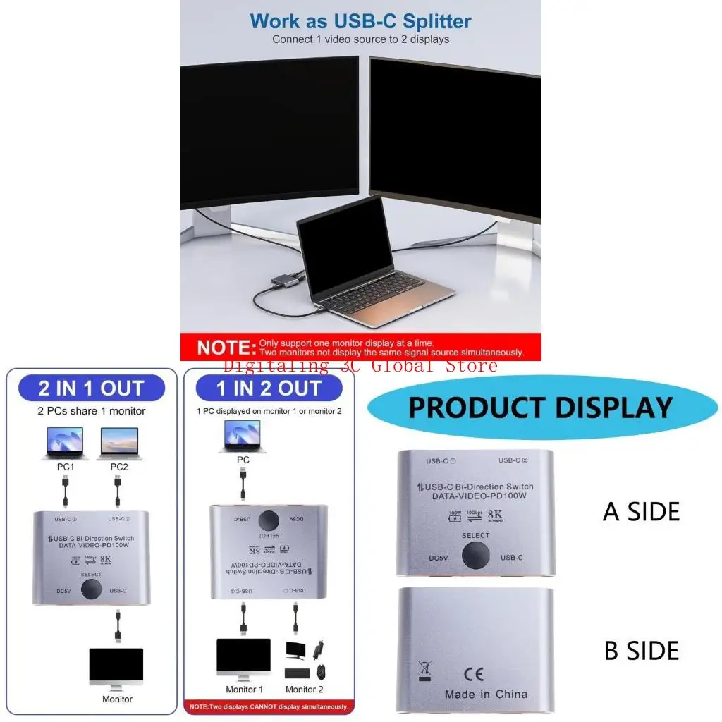 

Двунаправленный 8K USB -C Switcher для 2 Компьютеров с быстрой зарядкой 100 Вт 10 Гбит / с, идеально подходит для использования