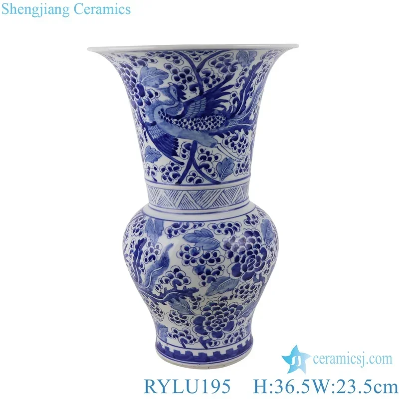 RYLU195 Large Blue and White Porcelain Vase Chinoiserie Phoenix Peony Flower Vase 14.4