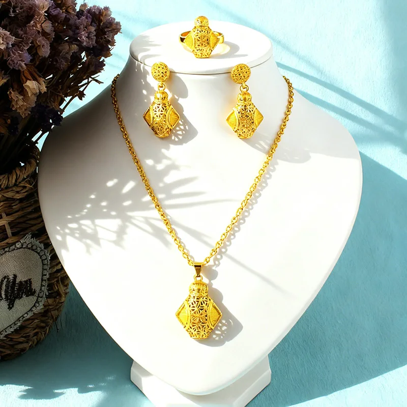 

Gold Color african gold woman jewelry set Necklace Earrings Rings Set nigerian wedding Party Sets Women Girl Gift