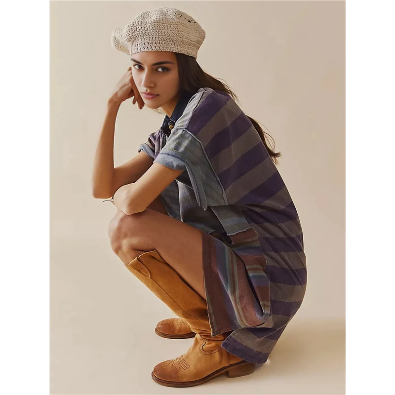 ABP-Donna Babydoll a righe a contrasto Y2k Abito estivo patchwork T-shirt Abito vintage a maniche corte con scollo a V