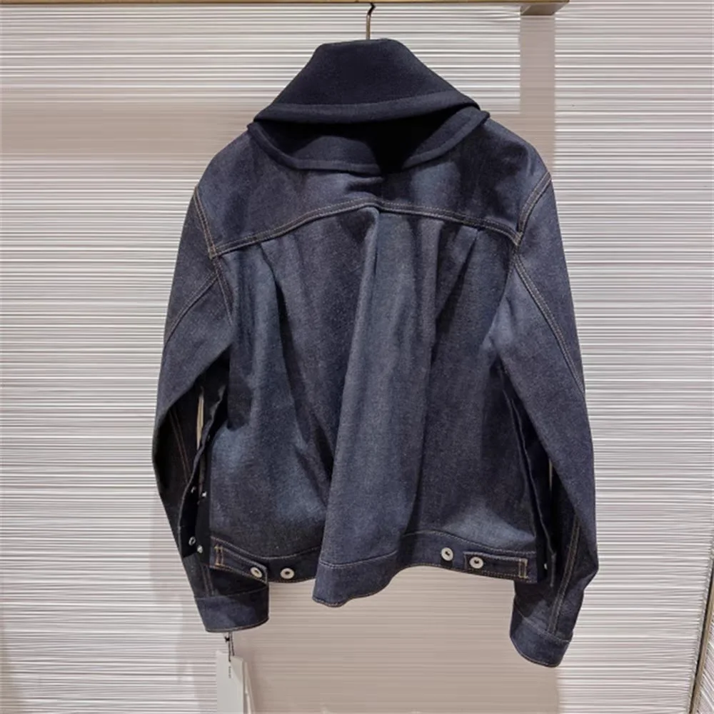 2025 Autumn Winter New Patchwork Color Block Denim Jacket Women Loose Casual Versatile Long Sleeve Wool Blend Top