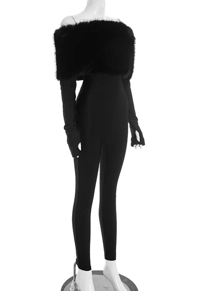 بدلة قفز شتوية من Kricesseen مكشوفة الأكتاف من الفرو الصناعي للنساء بأكمام طويلة وخصر عالٍ بدلة قطعة واحدة للحفلات الليلية