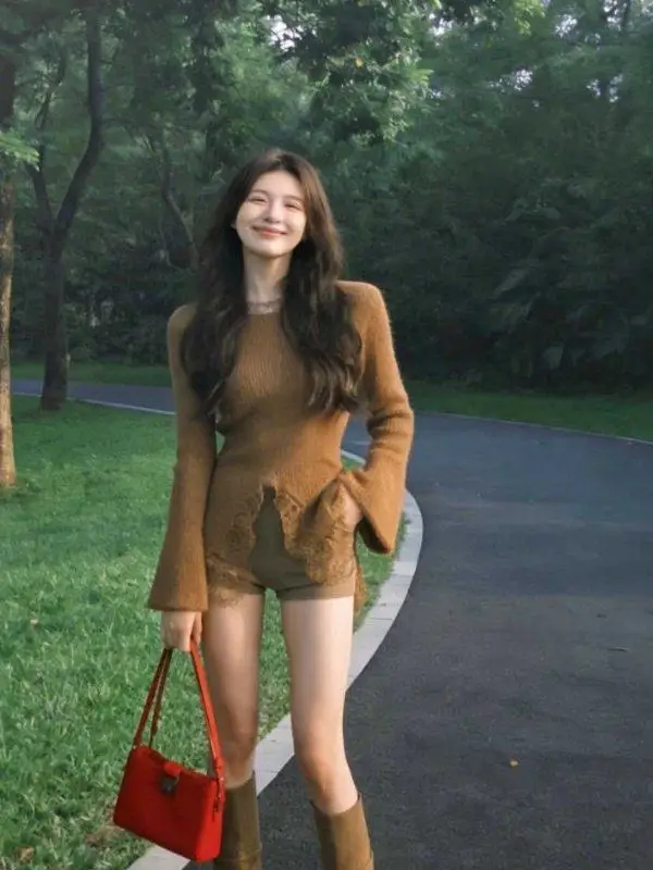 

Trendy Lazy Sle Splice Waist-Cinching Knitted Top Women's Small irt Winter New Slimming Upper Body Korean Version Regular...