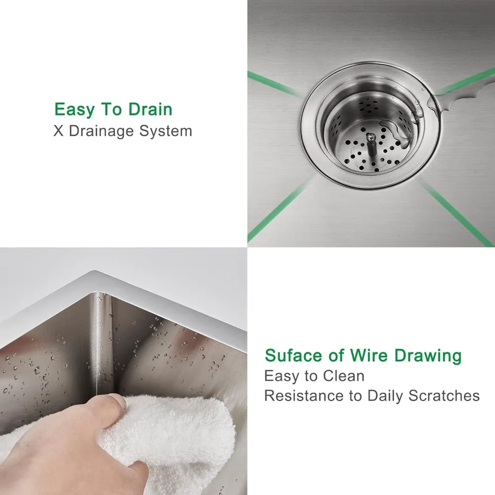 حوض مطبخ بوعاء واحد من الفولاذ المقاوم للصدأ 304 مقاس 20 × 16 بوصة، عميق 9 بوصة، تصميم مدمج سفلي مع نصف قطر ضيق C #3