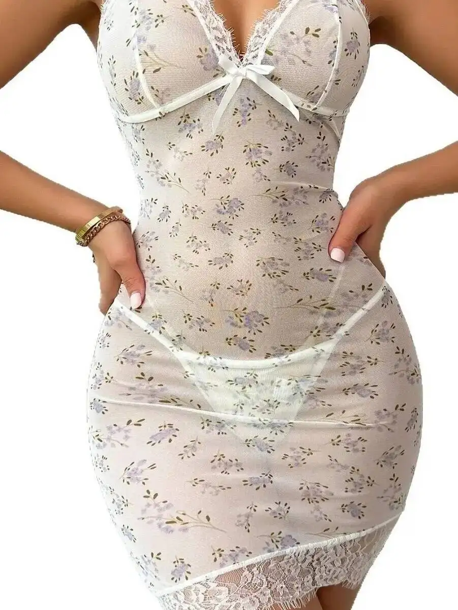 Sexy Pastoral Style Floral Print Home Strap Dress Backless Deep V Sleeveless Transparent Bowknot Lace Trimmed Dress Tail  AJG8
