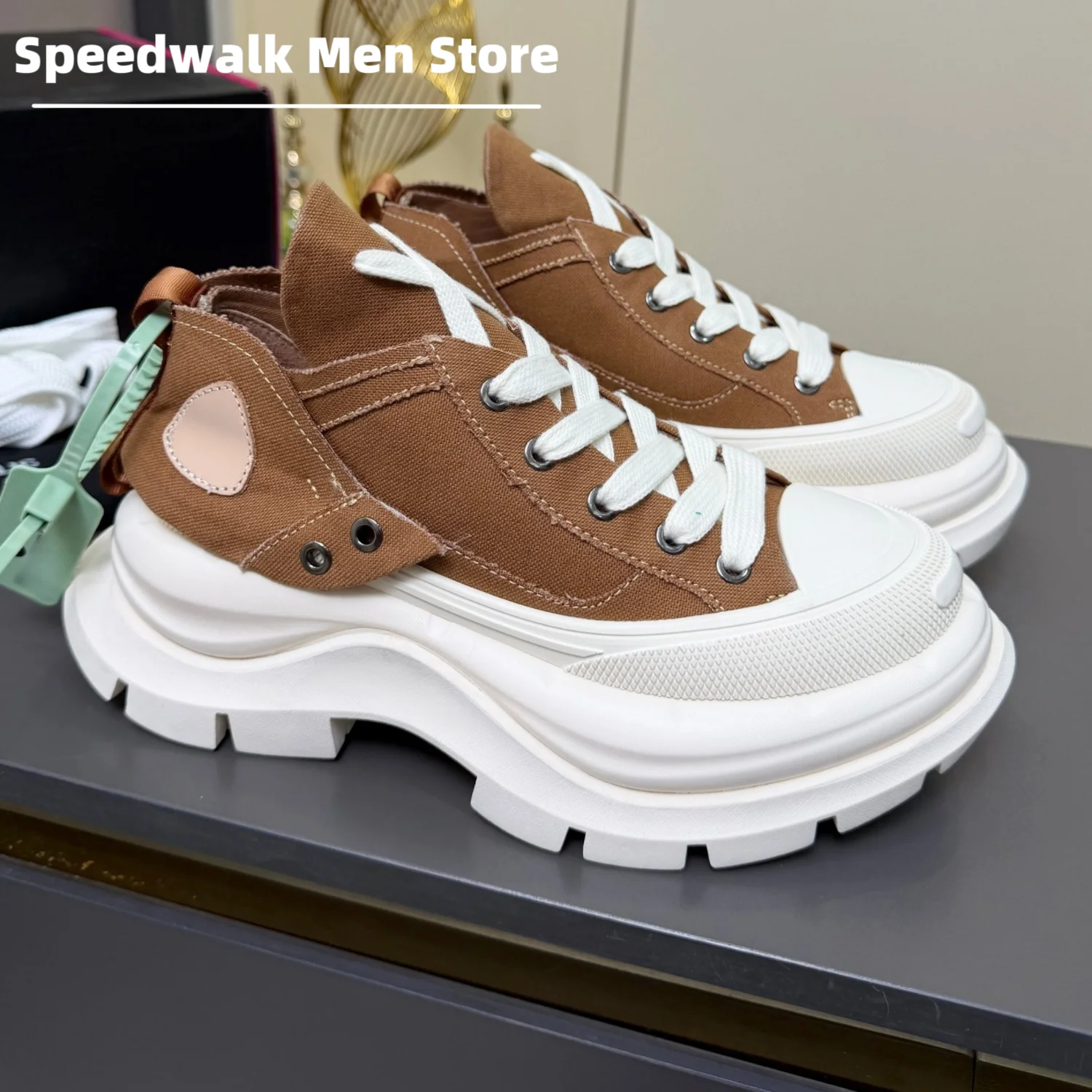 Men Fashion Lightweight Denim Canvas Platform Sneakers Lace Up Height Increasing Non Slip Casual Street Walking Skate Shoes