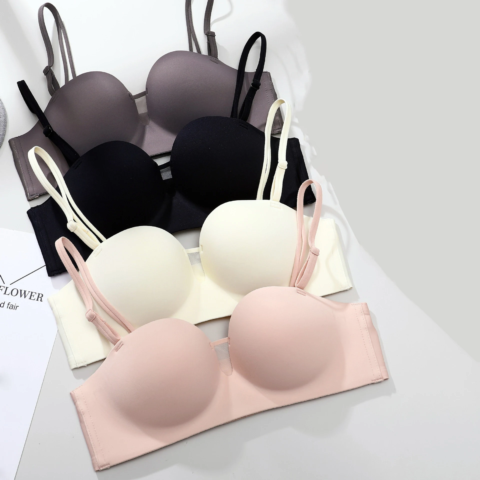 Buckle Beautiful Back Underwear No Trace Small Smooth Solid Color Hollow Chest Gather Anti Slip Bra Mesh Four Rows