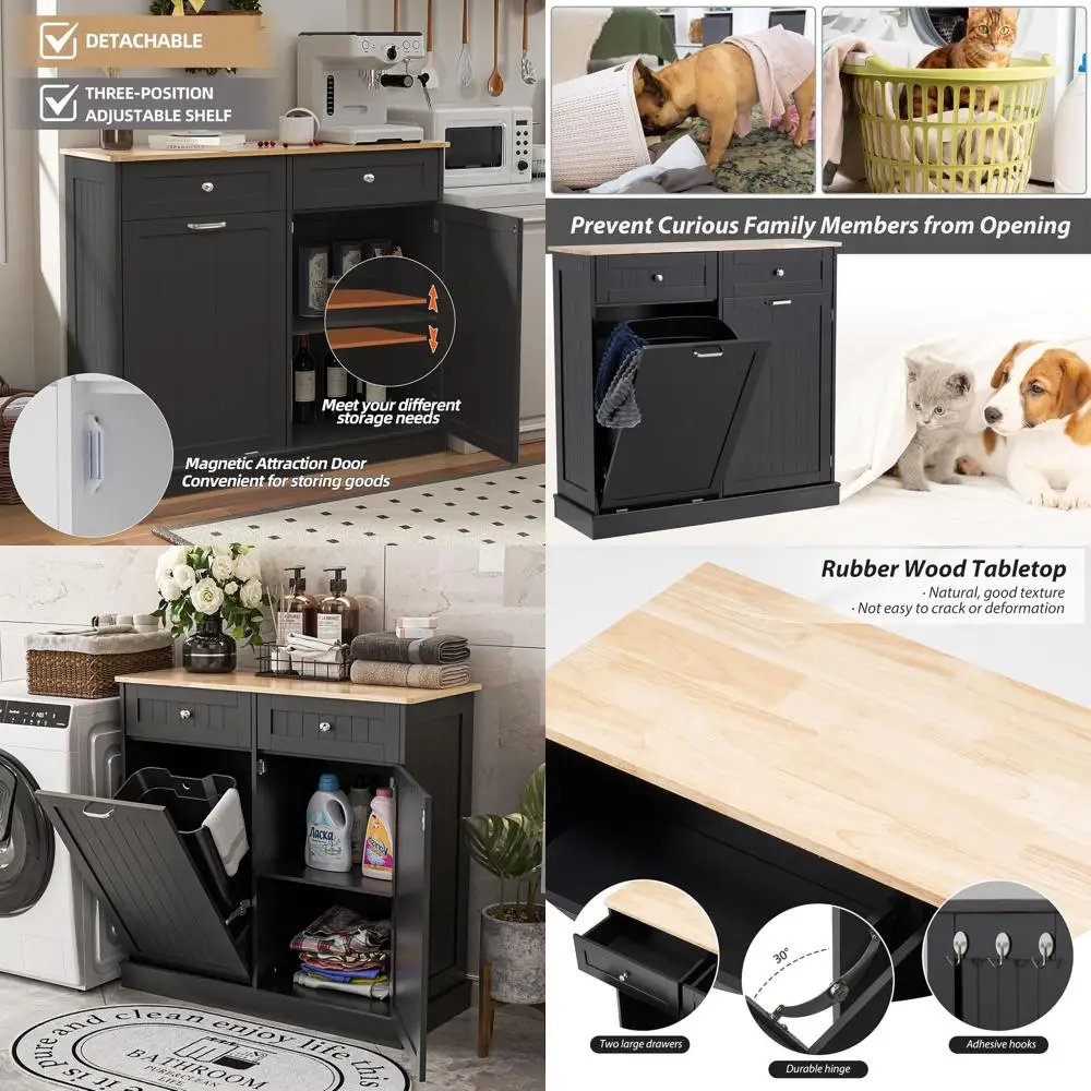 

Kitchen Dual Door Waste Bin Cabinet, Laundry Hamper Trash Can, 13 Gallon Living Room Trash Bin, Black