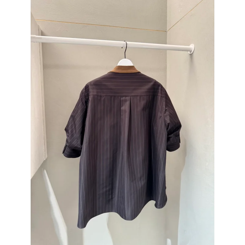 SAC Japanese summer V-neck striped splicing loose casual short-sleeved knitted cardigan