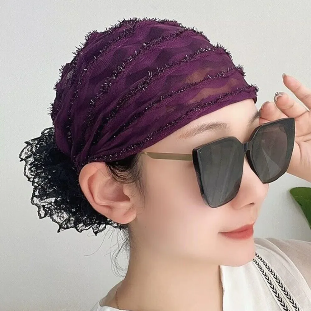 Hot Sale Lace Embroider Headband Cap Cover White Hair Trendy Hair Band Elastic Full Cover Headwrap Female