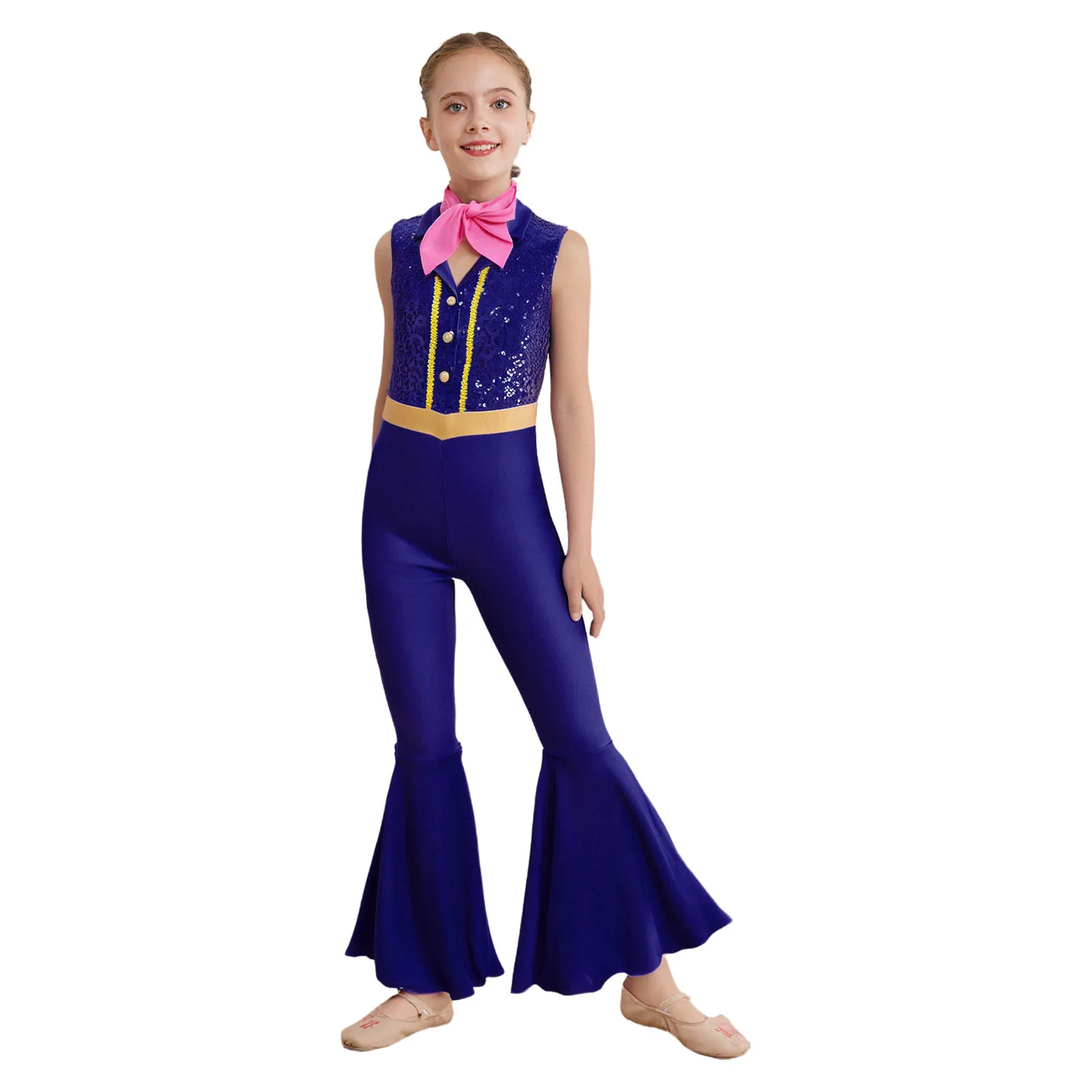 

Kids Girls Shiny Jazz Waltz Dance Jumpsuit Sleeveless Bell-Bottom Full Body Leotard with Scarf for Performance Competition Wear