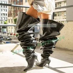 Slouchy Flared Opening Long Boots Women Wide Fit Ruched Detail Pointy Toe Leggy High Heels Boots Ladies Streetwear Dress Shoes