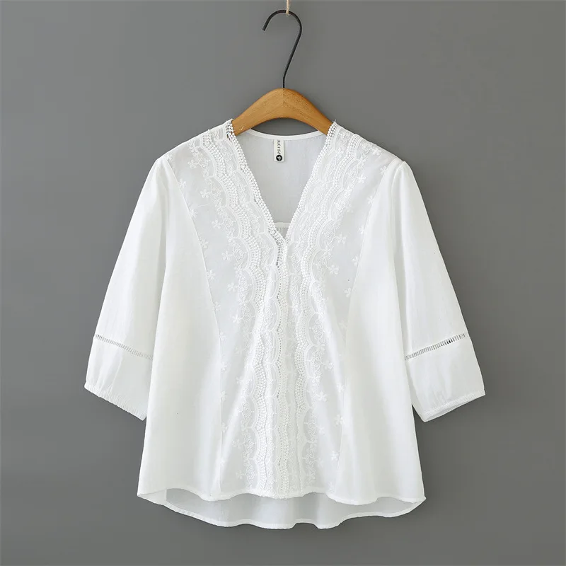 

Women Plus Size Lace V-neck Half Sleeve Blouses 2026 Spring Summer Embroidery Cotton Casual Tops 2602