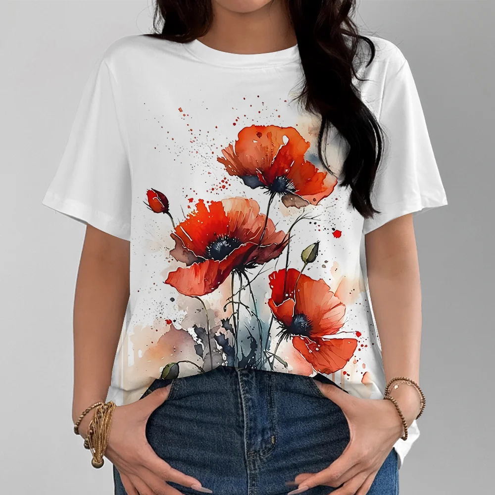 T-shirt da donna con stampa 3D per ragazze, strada, acquerello, fiore rosso, arte, tempo libero, moda, ampia e confortevole, manica corta estiva Y2K