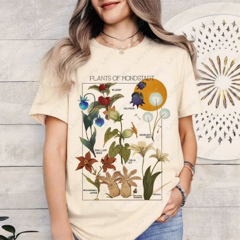 

Gen Impact Flower Tee Otaku Mondstadt Flowers O-neck Printed Tops Genshin Video Game Anime Two-dimensiona Unisex Cotton Tshirts